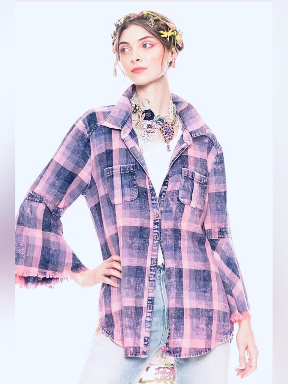 Aratta Pink & Navy Plaid Button-Down Shirt Jacket, XS 🦋